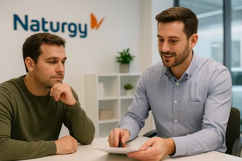Cliente informándose sobre tarifas de gas Naturgy en oficina.
