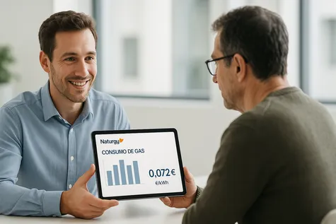 Cliente en oficina viendo Tarifa Por Uso Gas Naturgy en tablet.