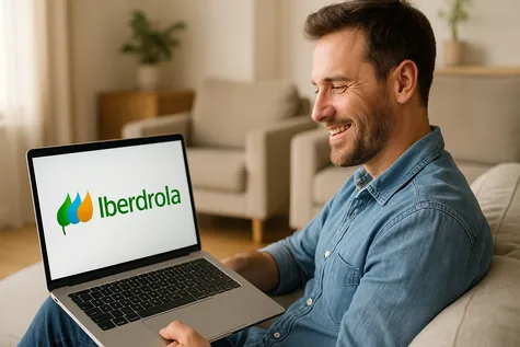 Persona viendo logo de Iberdrola en portátil en casa. Cambio de contrato de gas.