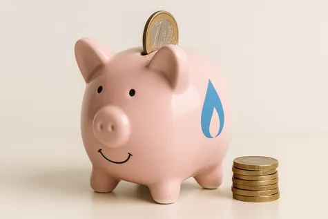 Cerdito hucha con símbolo de gas y monedas, representando ahorro con la tarifa más barata.