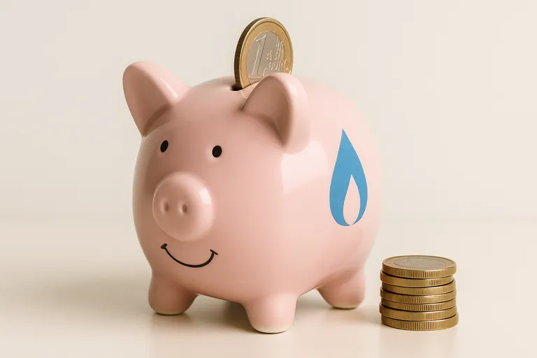 Cerdito hucha con símbolo de gas y monedas, representando ahorro con la tarifa más barata.