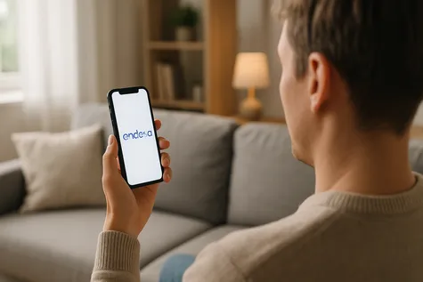 Persona usando app Endesa en smartphone en casa, logo Endesa visible.