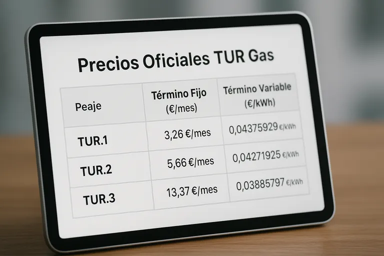 Tablet muestra tabla con los precios oficiales de la TUR de gas para el segundo trimestre de 2025.