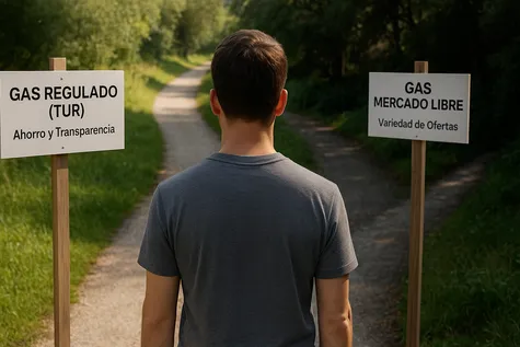 Persona eligiendo entre gas regulado (TUR) y mercado libre, comparando opciones.