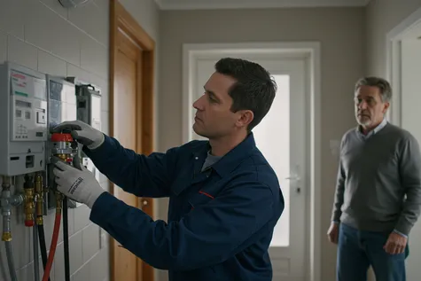 Técnico cualificado instalando un contador de gas mientras el propietario observa, simbolizando el proceso y los pasos para dar de alta el suministro.