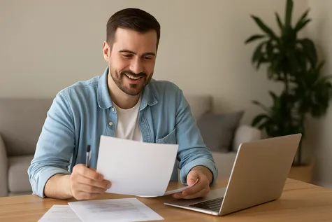 Hombre sonriente revisa una factura de gas de Plenitude en casa, sentado frente a su portátil 