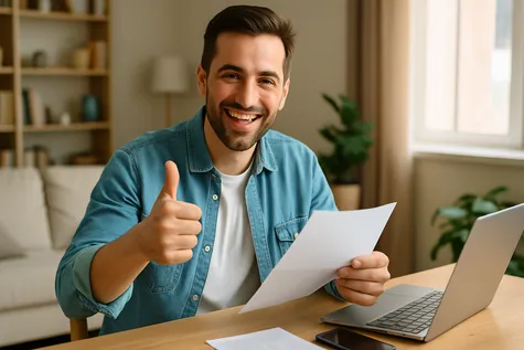 Hombre sonriente con gesto de aprobación revisa su tarifa de Alcanzia sentado en una mesa, con portátil y papeles.
