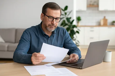 Hombre de mediana edad revisa facturas antes de decidir si cambiar a Catgas.
