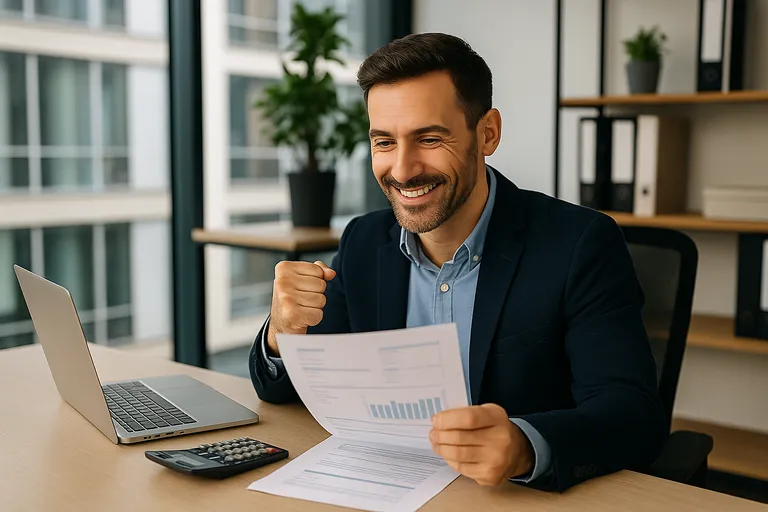 Hombre de negocios sonriente revisa documentos en su oficina, con portátil y calculadora sobre la mesa, satisfecho con su tarifa de gas para empresas.
