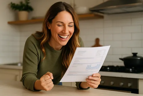 Mujer sonriente revisa una factura de gas de Galp apoyada en la encimera de su cocina, con gesto de satisfacción.