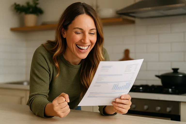 Mujer sonriente revisa una factura de gas de Galp apoyada en la encimera de su cocina, con gesto de satisfacción.