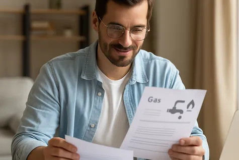 Hombre revisando facturas de gas en una mesa, con expresión relajada, en un salón luminoso y moderno con portátil y documentos.