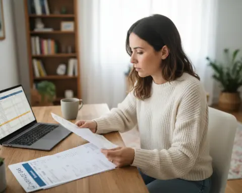 Mujer revisando su factura de gas y comprobando su peaje de acceso