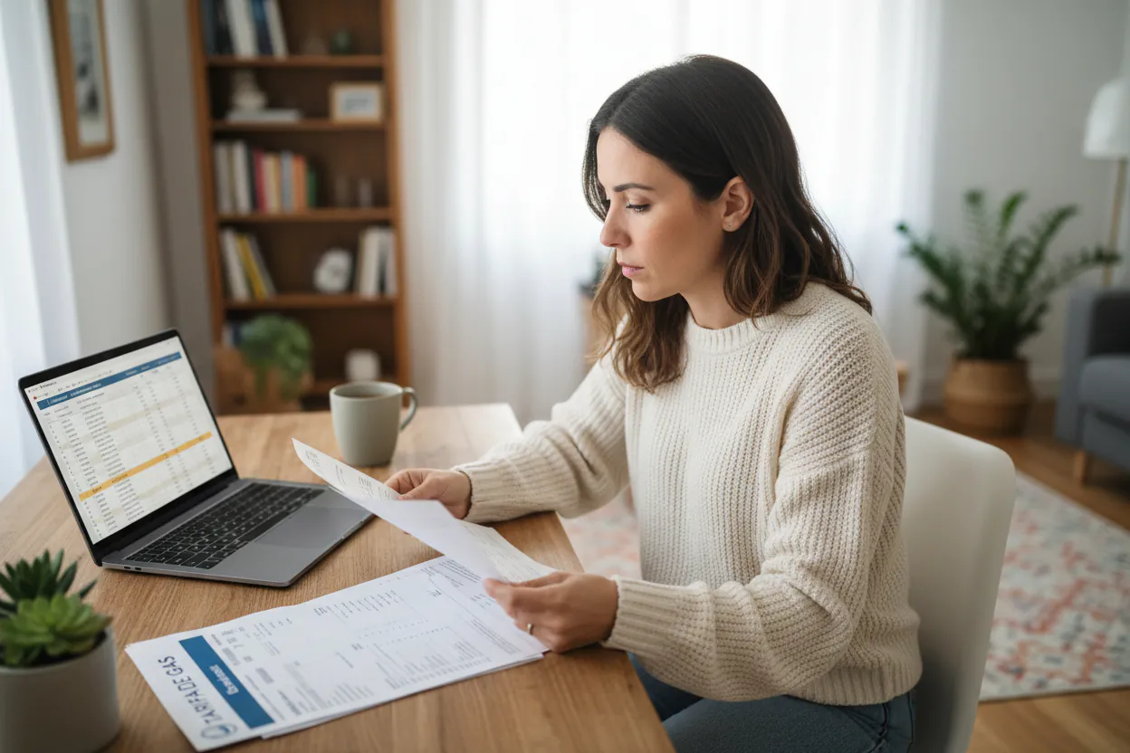 Mujer revisando su factura de gas y comprobando su peaje de acceso