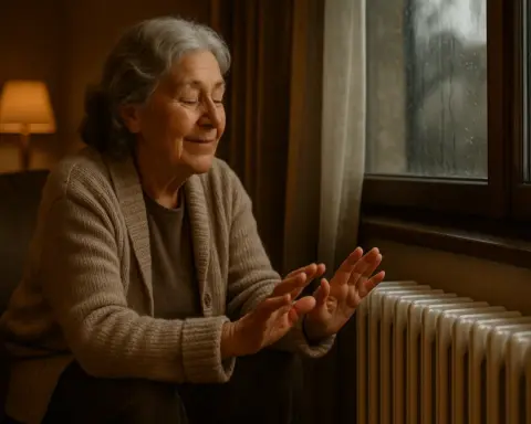 Mujer mayor calentándose las manos en un radiador en un día de invierno, simbolizando la ayuda y el confort del Bono Social Térmico.