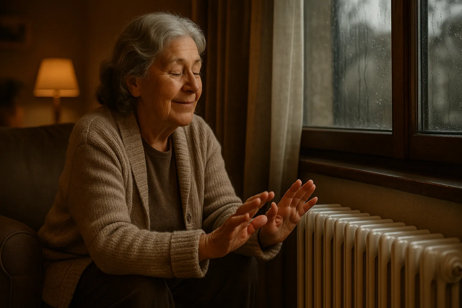 Mujer mayor calentándose las manos en un radiador en un día de invierno, simbolizando la ayuda y el confort del Bono Social Térmico.