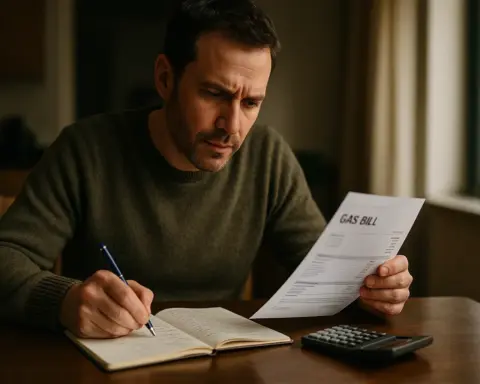 Hombre concentrado en la mesa de su comedor, usando una calculadora y un cuaderno para desglosar su factura de gas, simbolizando el proceso de calcular y entender los costes energéticos.