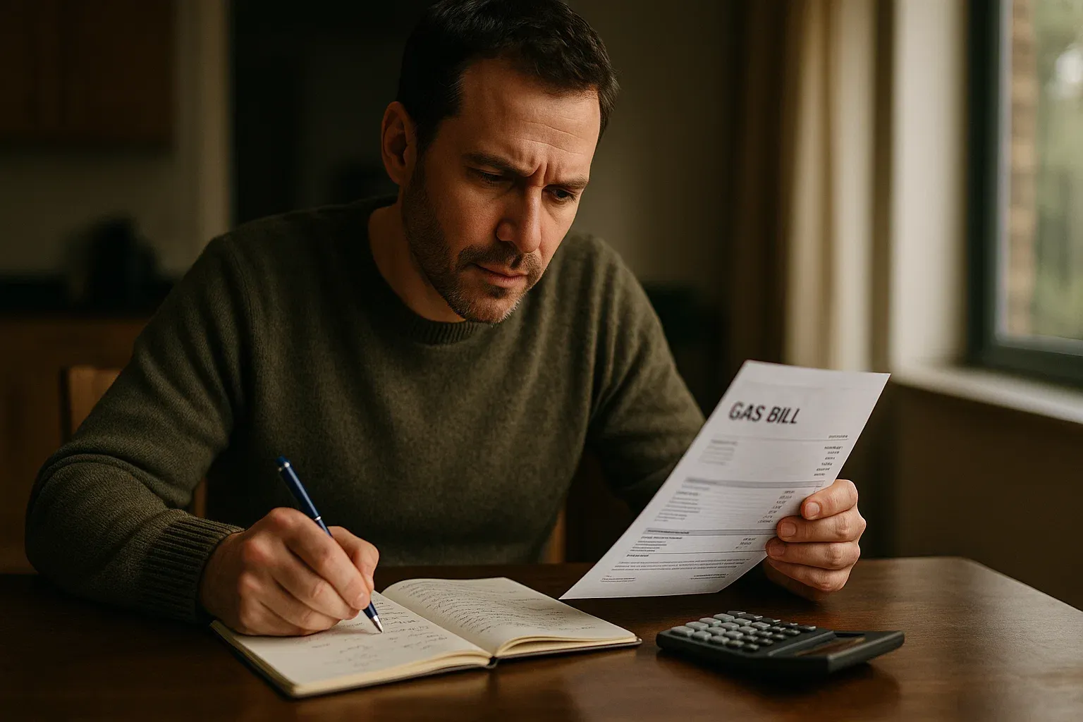 Hombre concentrado en la mesa de su comedor, usando una calculadora y un cuaderno para desglosar su factura de gas, simbolizando el proceso de calcular y entender los costes energéticos.