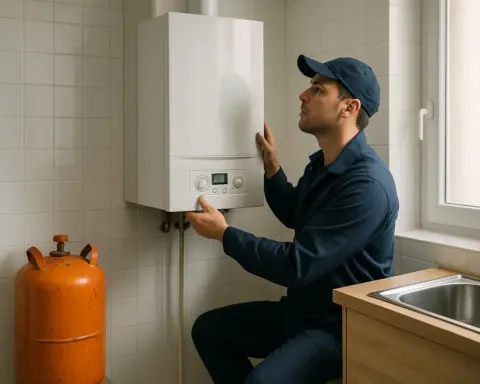 Un técnico instalando una nueva caldera de gas natural mientras una bombona de butano vacía descansa a un lado, simbolizando el cambio de butano a gas natural.