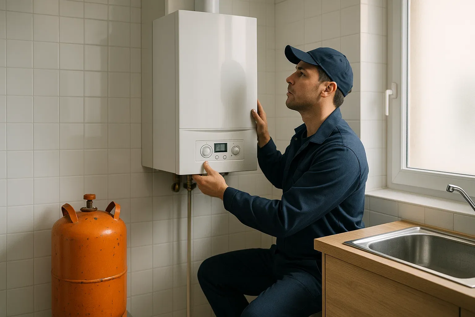 Un técnico instalando una nueva caldera de gas natural mientras una bombona de butano vacía descansa a un lado, simbolizando el cambio de butano a gas natural.