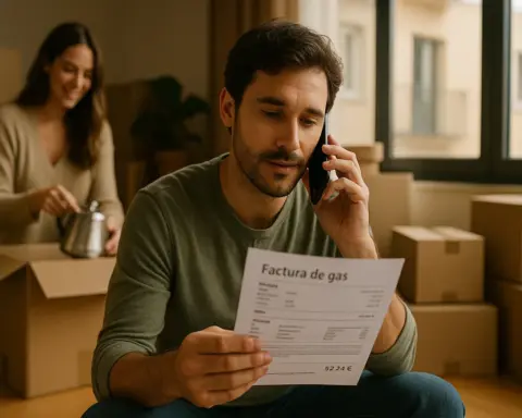 Pareja joven en su nuevo apartamento, donde el hombre realiza el cambio de titular del gas por teléfono, simbolizando el trámite al mudarse.