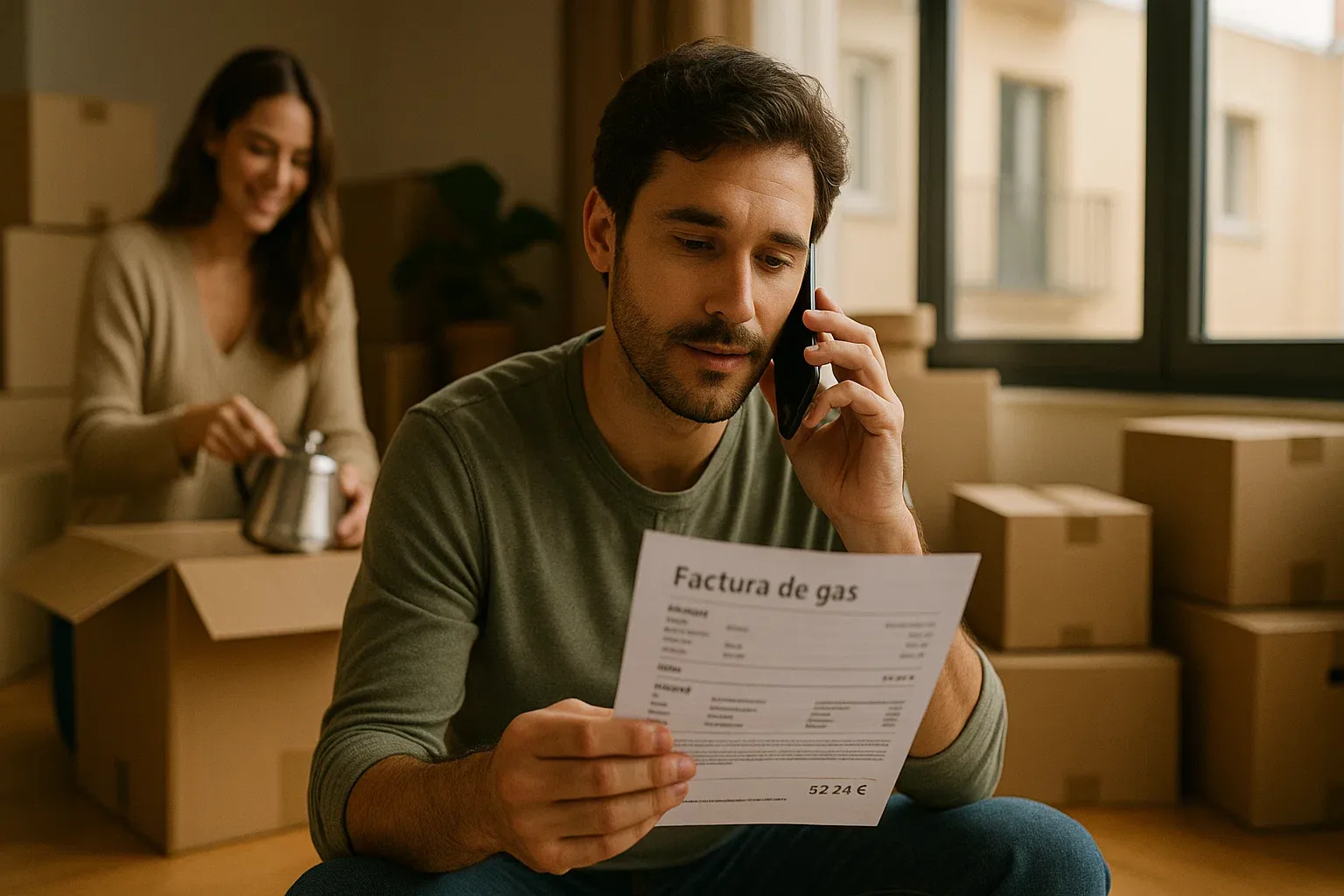 Pareja joven en su nuevo apartamento, donde el hombre realiza el cambio de titular del gas por teléfono, simbolizando el trámite al mudarse.