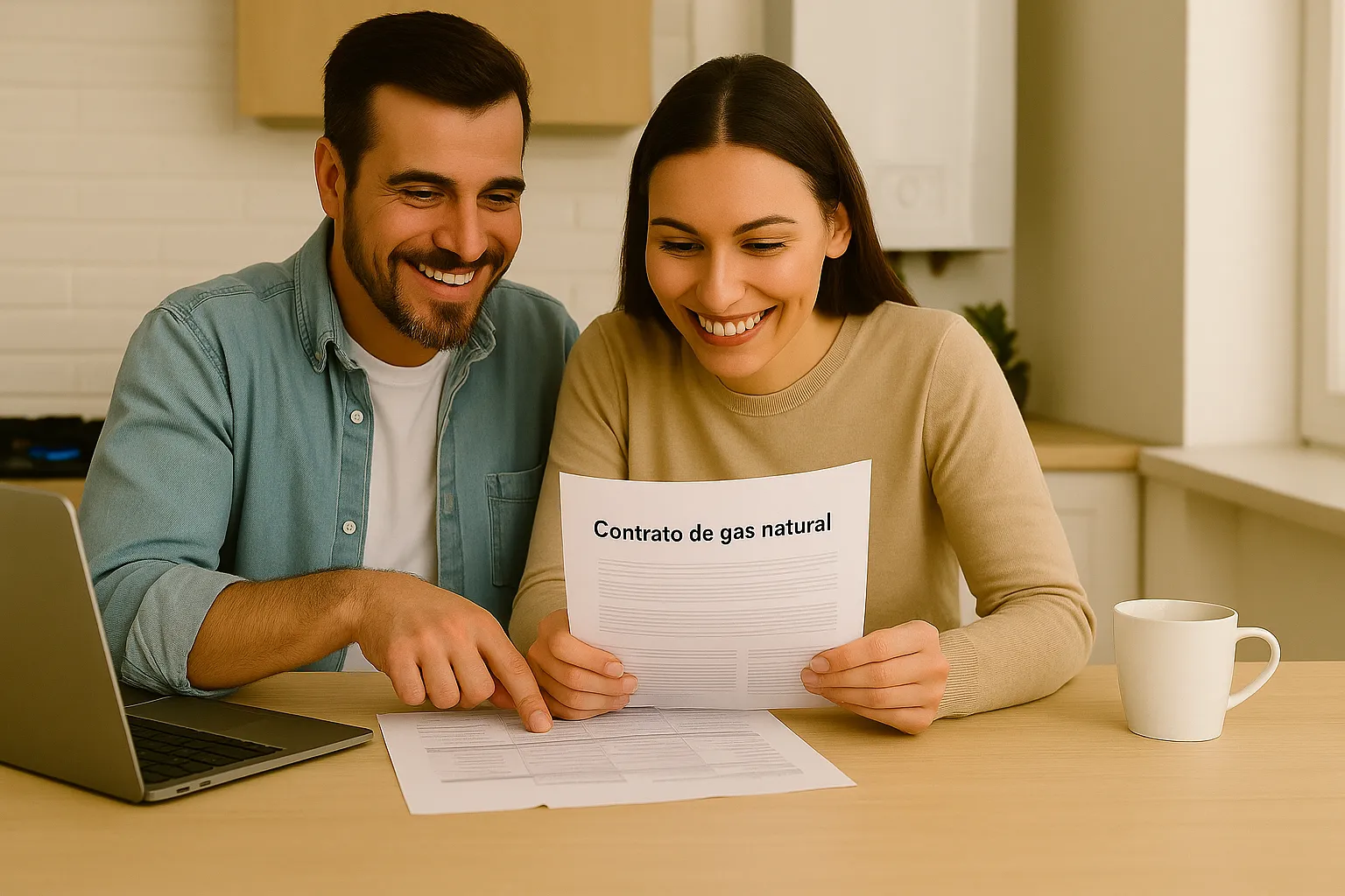 Una pareja feliz porque acaba de contratar su nueva tarifa de gas natural.