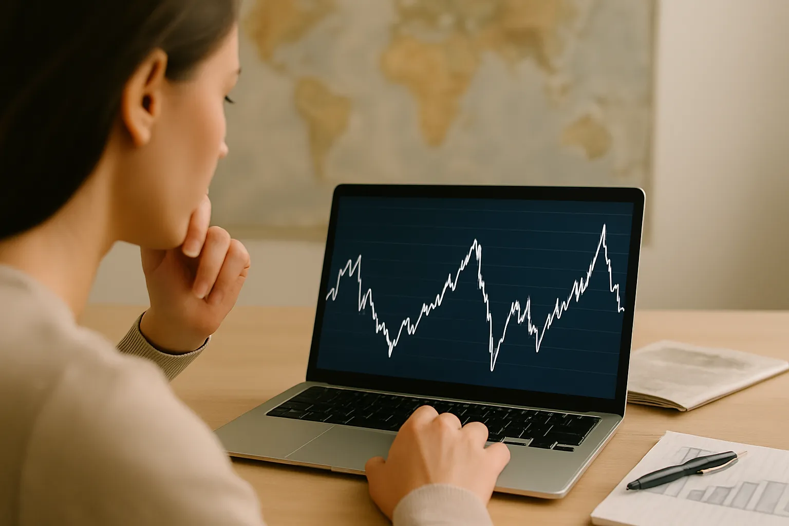 Persona analizando un gráfico volátil del precio del gas en una pantalla de portátil.