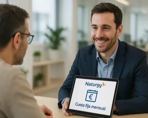 Cliente en oficina viendo Tarifa Plana Gas Naturgy en tablet con logo visible.