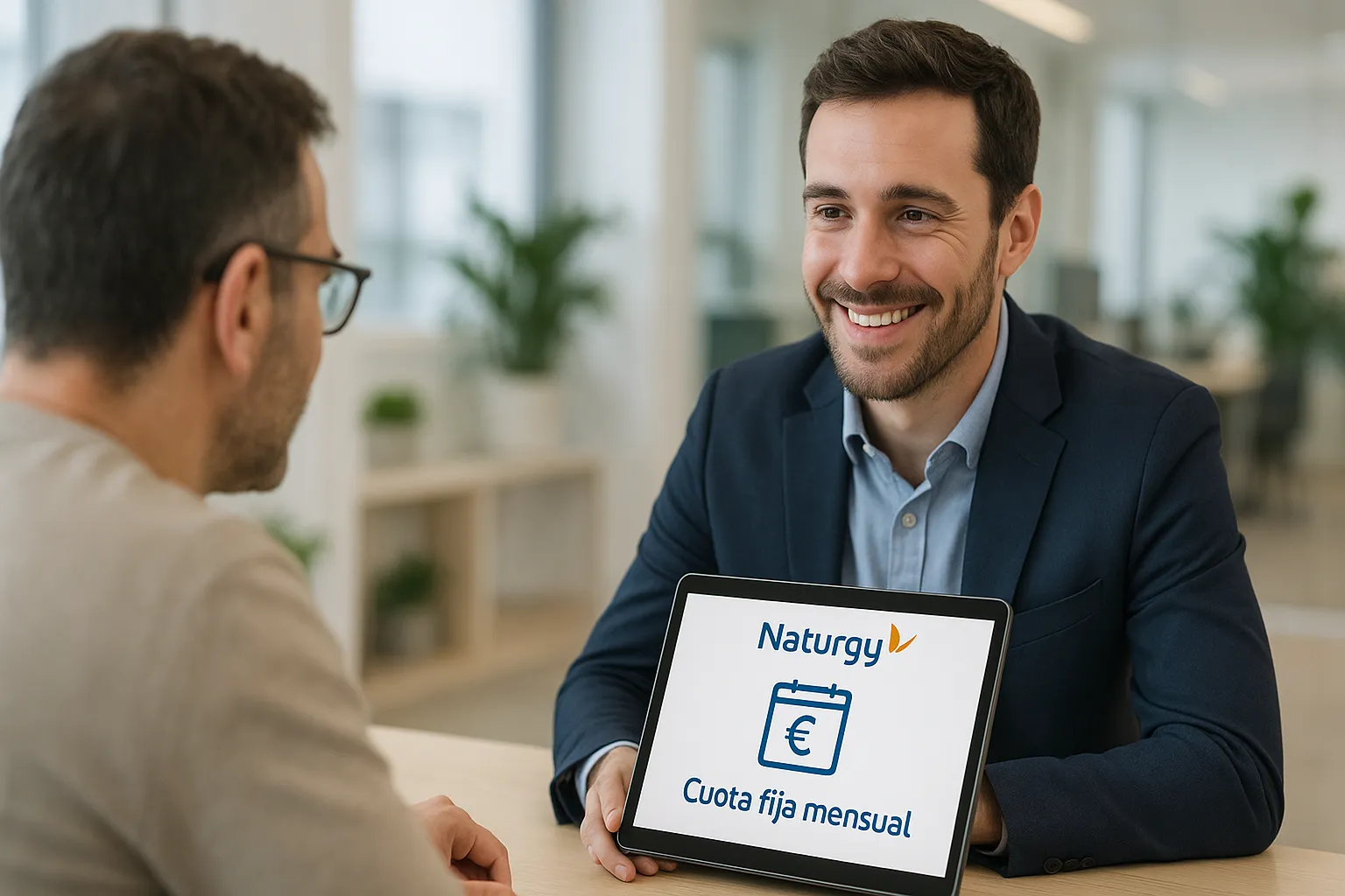 Cliente en oficina viendo Tarifa Plana Gas Naturgy en tablet con logo visible.