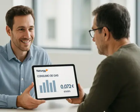 Cliente en oficina viendo Tarifa Por Uso Gas Naturgy en tablet.