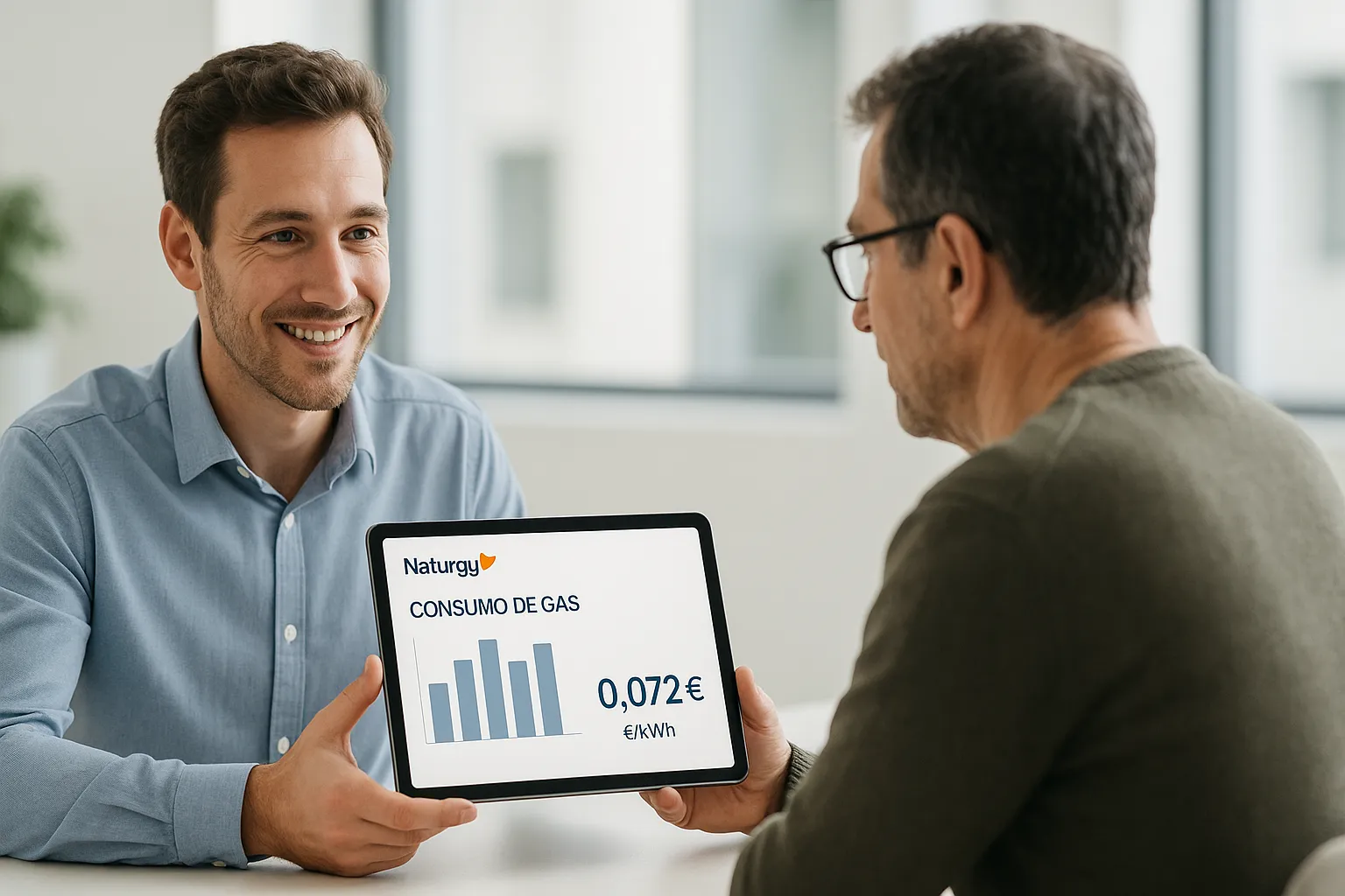 Cliente en oficina viendo Tarifa Por Uso Gas Naturgy en tablet.