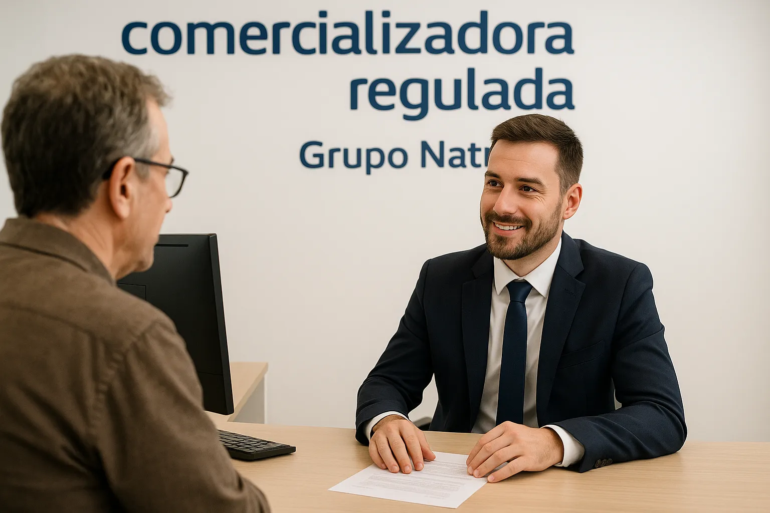 Cliente en oficina de Comercializadora Regulada Gas & Power informándose sobre Tarifa TUR.