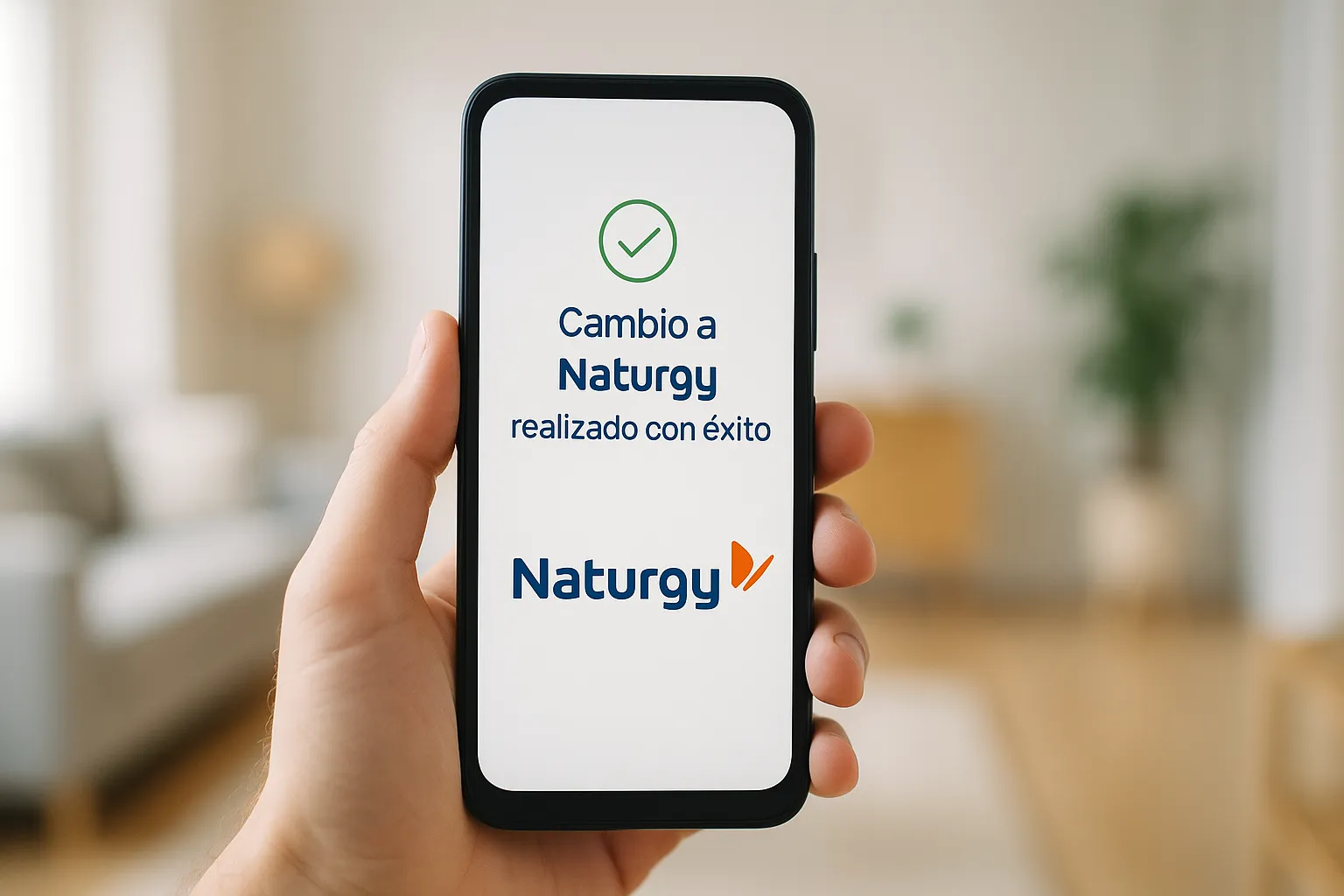Confirmación de cambio a Naturgy en smartphone, simbolizando facilidad del proceso.