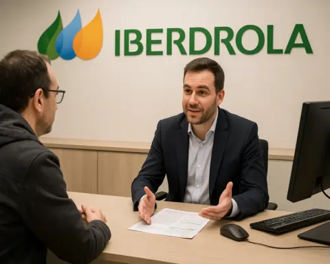 Cliente informándose sobre Plan Gas Hogar en oficina de Iberdrola. Logo Iberdrola visible.