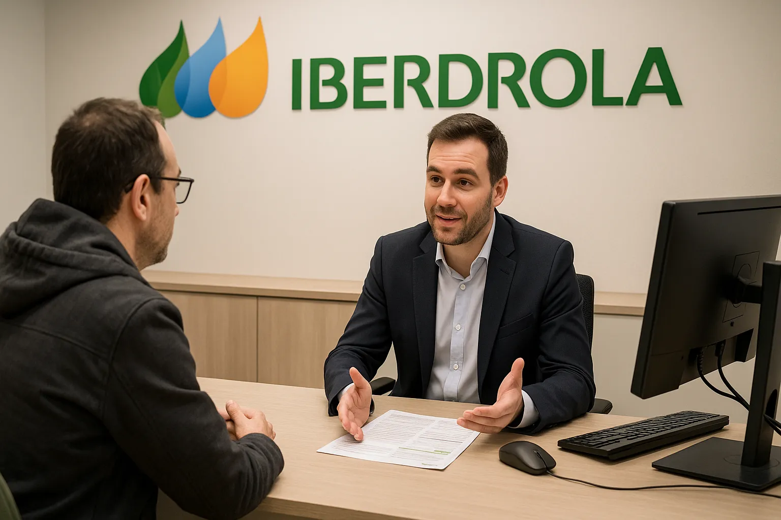 Cliente informándose sobre Plan Gas Hogar en oficina de Iberdrola. Logo Iberdrola visible.