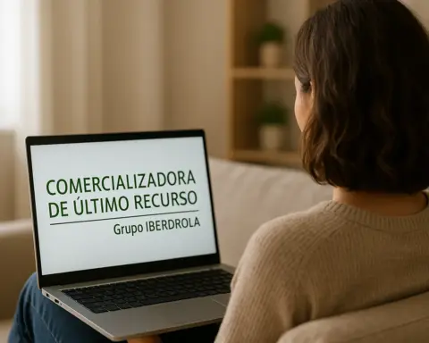 Persona en casa viendo logo de Comercializadora Regulada de Iberdrola en su portátil.