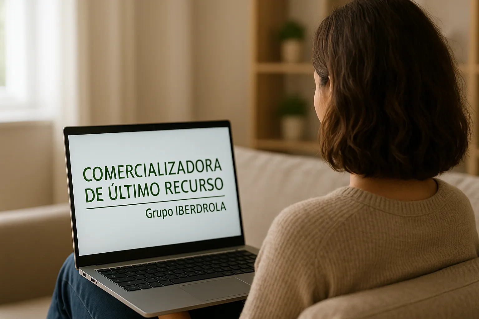 Persona en casa viendo logo de Comercializadora Regulada de Iberdrola en su portátil.