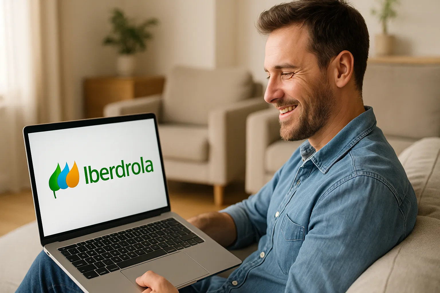 Persona viendo logo de Iberdrola en portátil en casa. Cambio de contrato de gas.