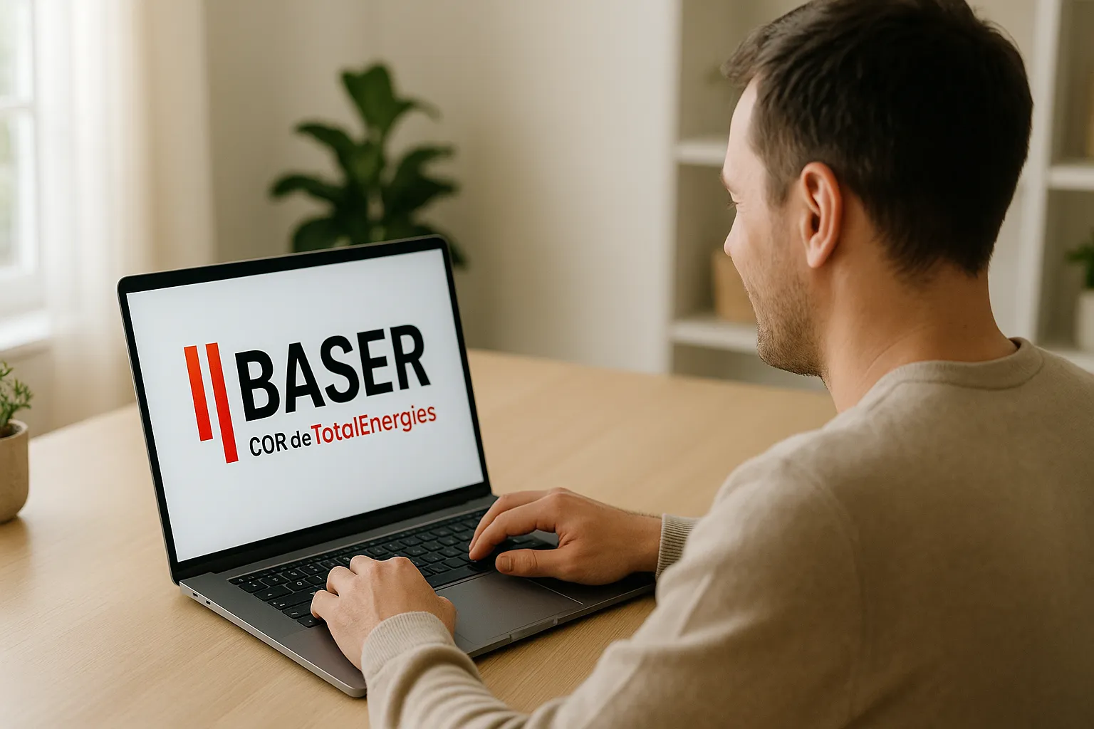 Persona utilizando su ordenador para contratar la TUR con TotalEnergies (Baser)