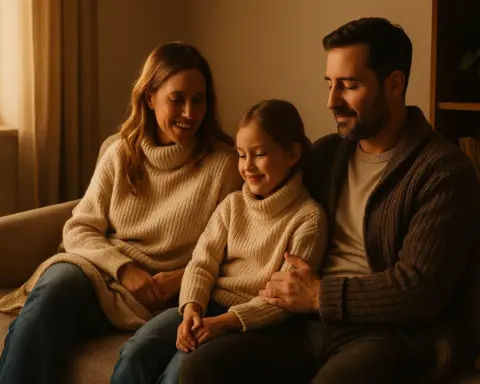 Familia en salón cálido con radiador. Confort por calefacción de gas RL.2.