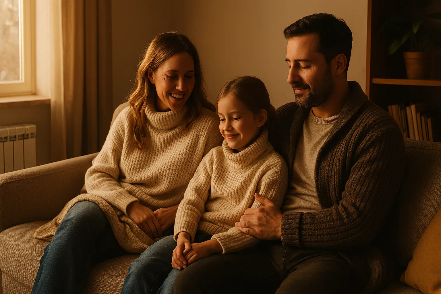 Familia en salón cálido con radiador. Confort por calefacción de gas RL.2.