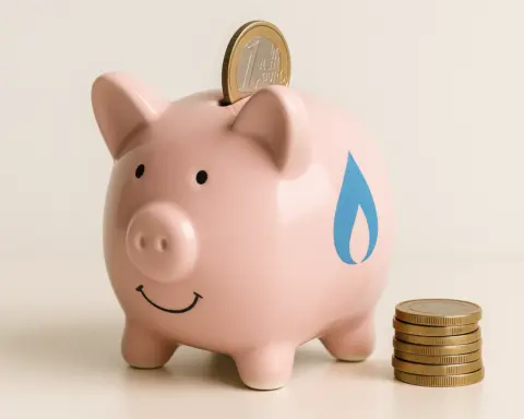 Cerdito hucha con símbolo de gas y monedas, representando ahorro con la tarifa más barata.