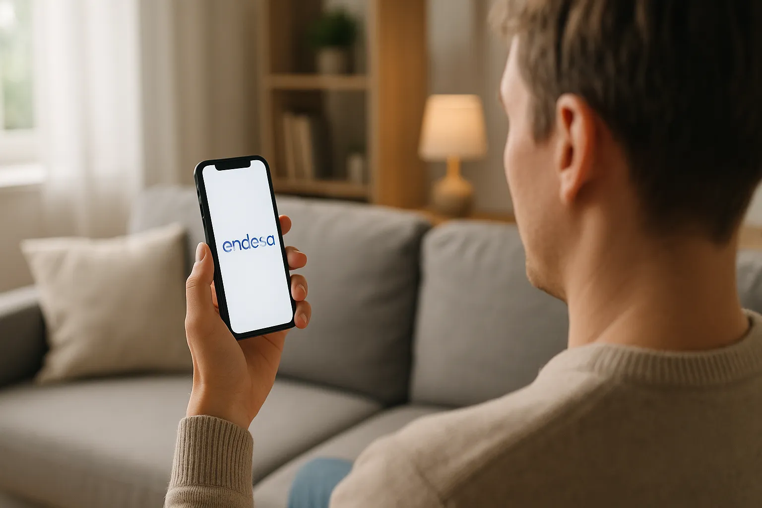 Persona usando app Endesa en smartphone en casa, logo Endesa visible.