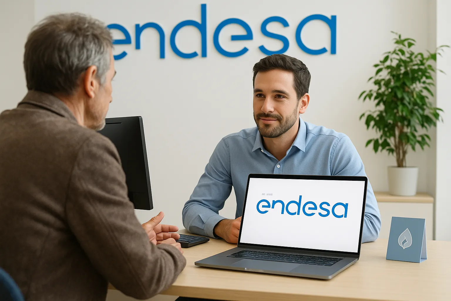 Cliente en oficina Endesa considerando opciones de tarifas de gas.