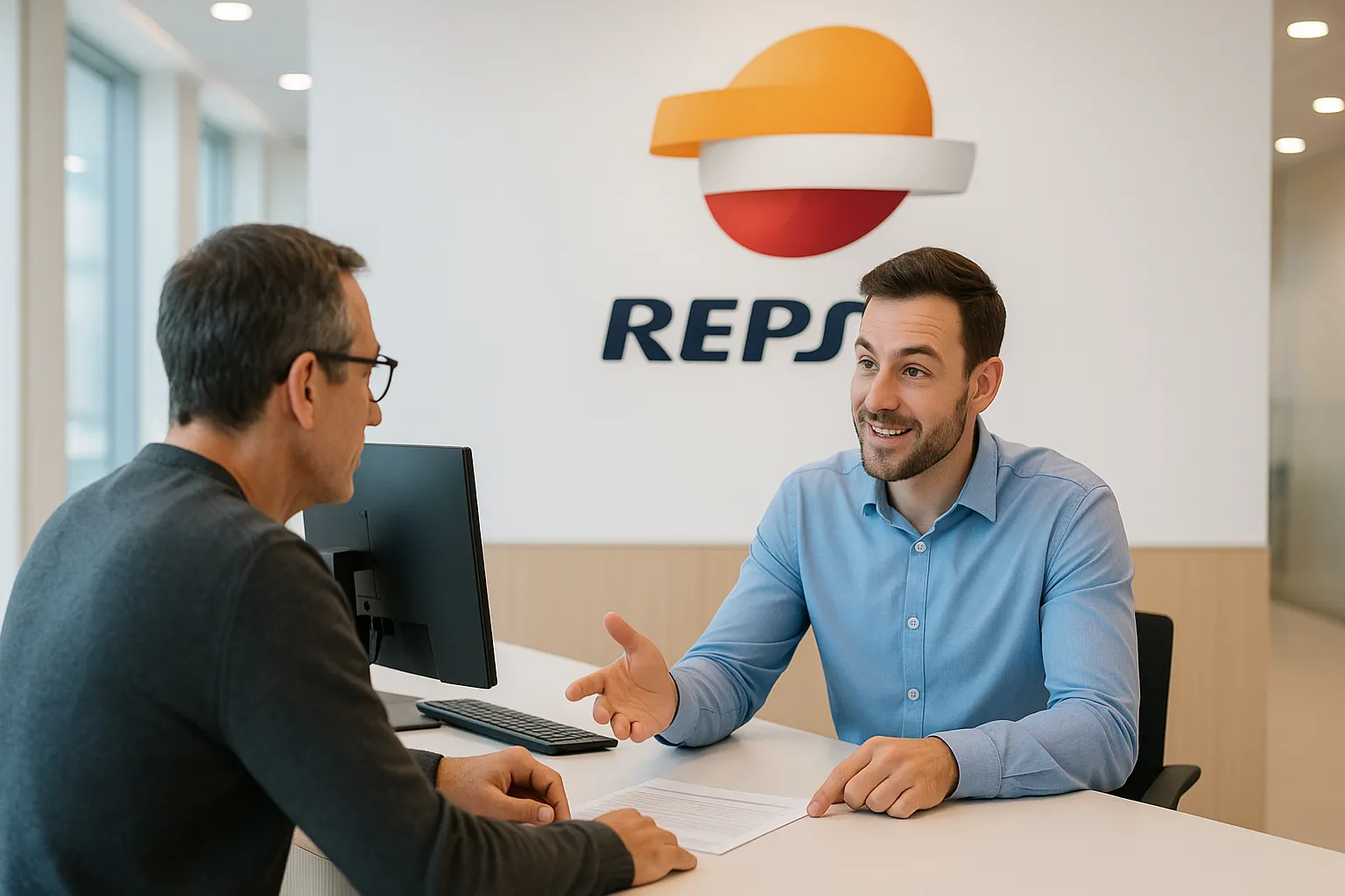 Cliente informándose sobre tarifas de gas en oficina de Repsol.