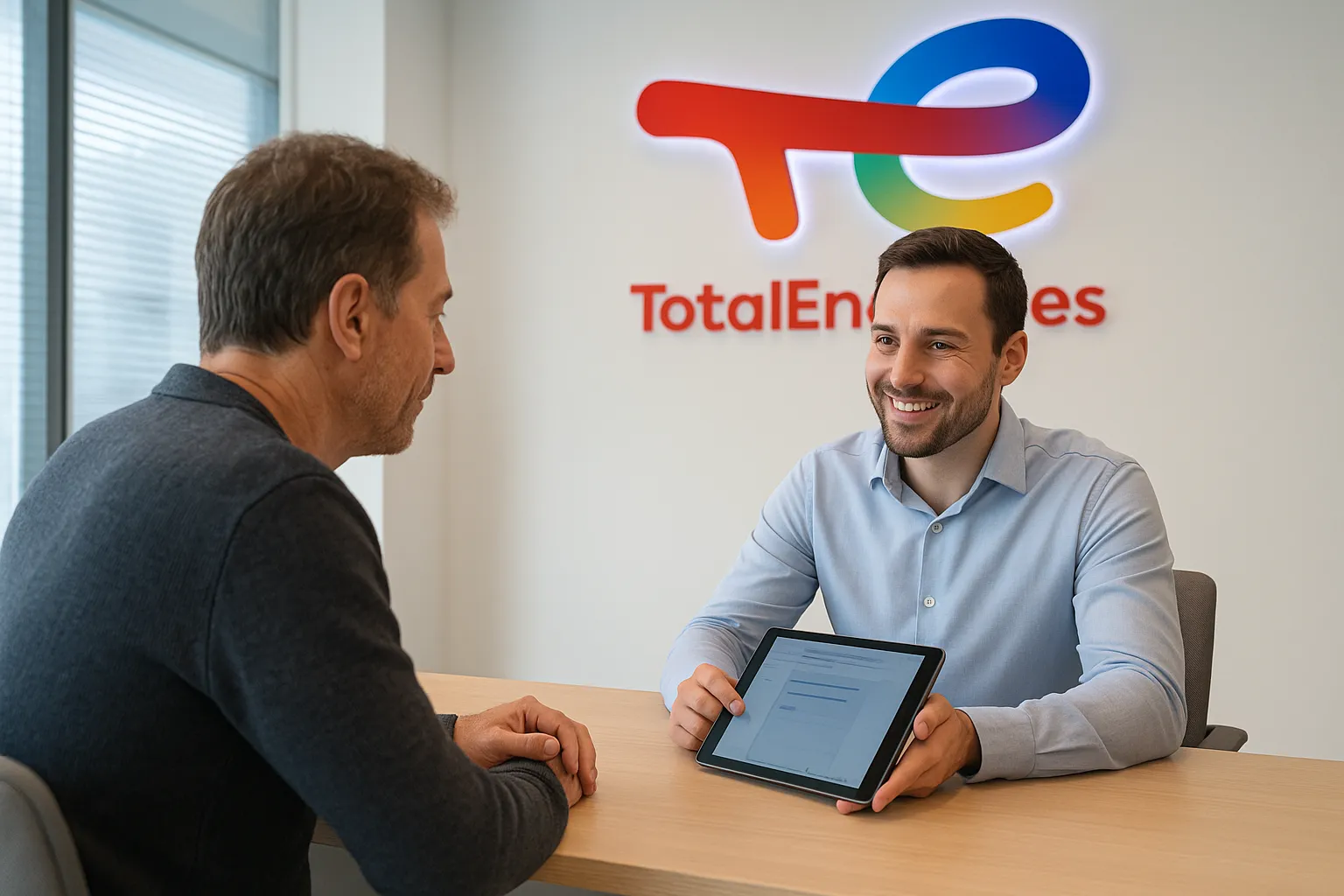 Cliente informándose sobre tarifas de gas en oficina de TotalEnergies. Logo visible.