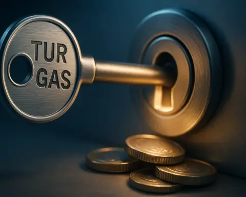 Llave 'TUR GAS' desbloqueando ahorro, Tarifa de Último Recurso con luz y monedas.