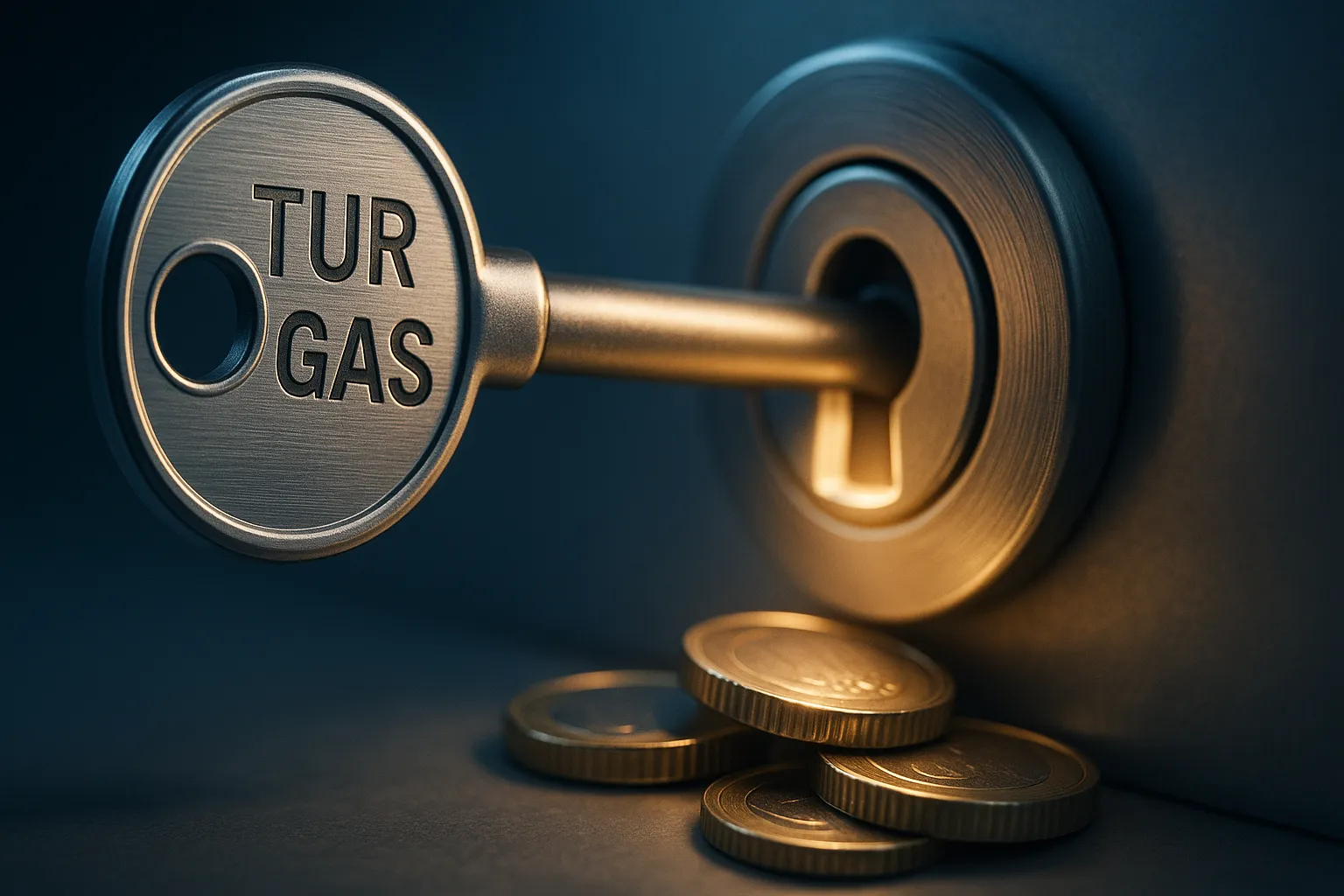 Llave 'TUR GAS' desbloqueando ahorro, Tarifa de Último Recurso con luz y monedas.