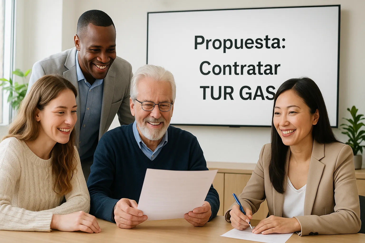 Reunión de comunidad de vecinos decidiendo contratar TUR Gas para ahorrar.